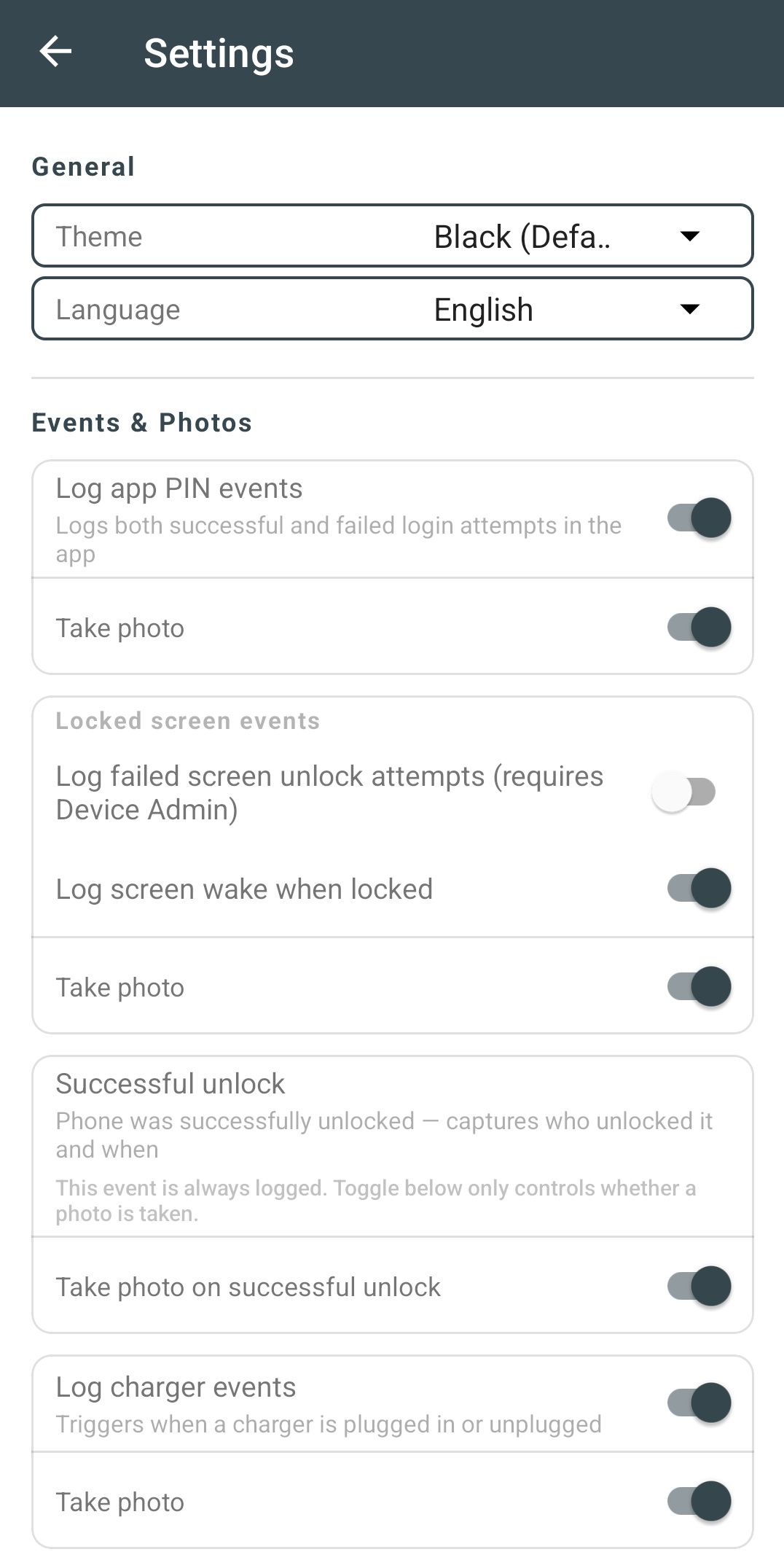 Pocket Guardian settings screen showing event toggles and photo options