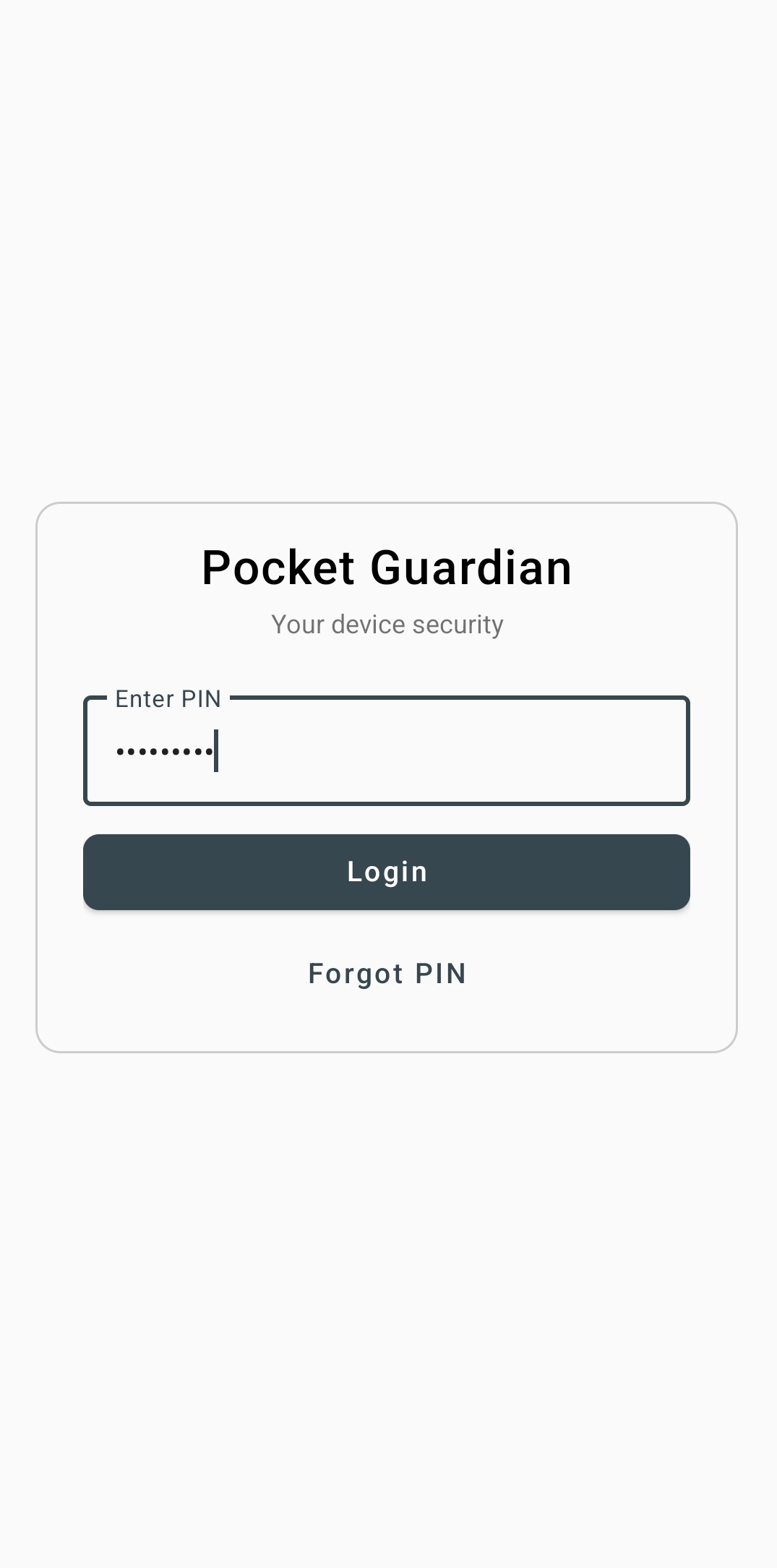 Pocket Guardian PIN login screen for secure app access