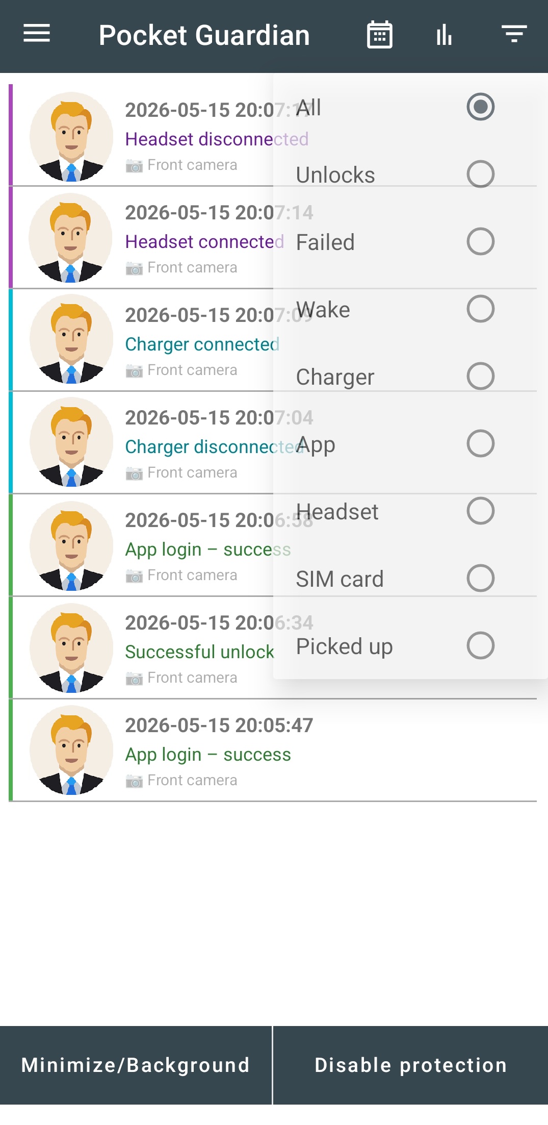 Pocket Guardian event log showing security events with photos and filter panel